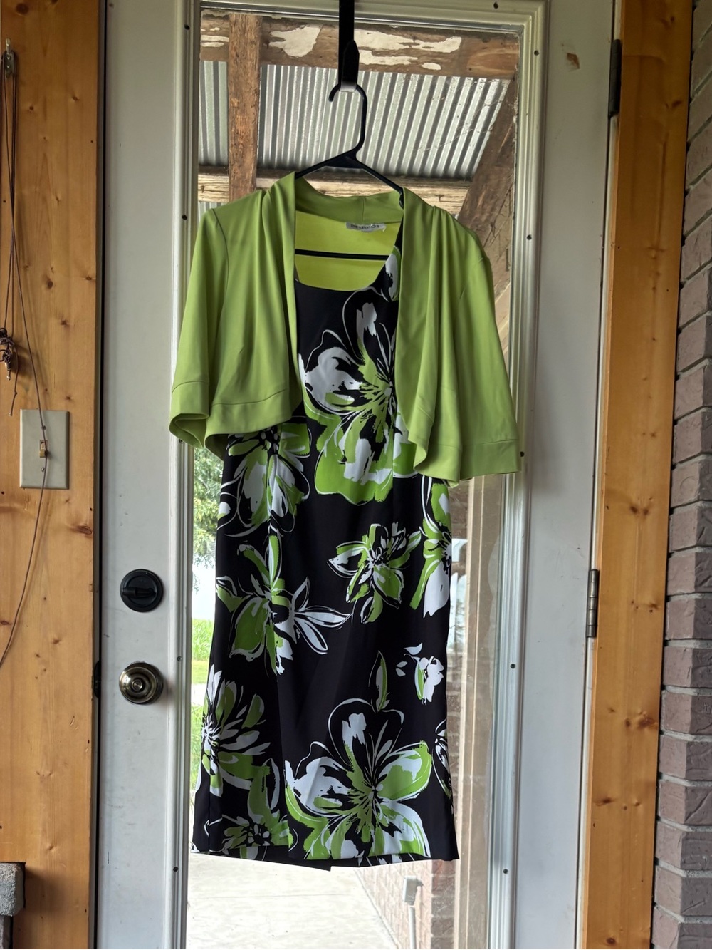 Studio I Black Floral Midi Dress with Lime Green Shrug